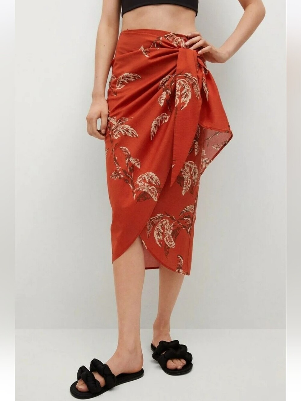 Mango Midi Wrap Skirt Rust Orange Tropical Leaf Print 100% Cotton